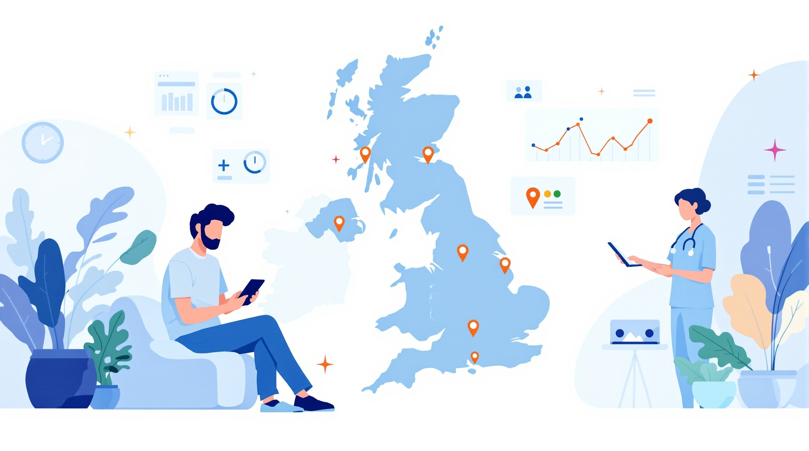 Illustration showing NHS waiting time information with a clipboard, UK map, patient checking phone, and healthcare worker reviewing data